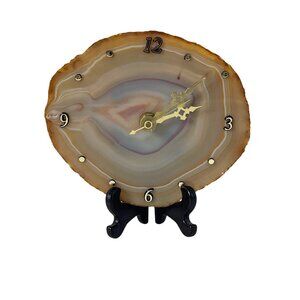 Natural Agate Slice Quartz Clock With Gold Hardware 5.75" Elegant Home Decor